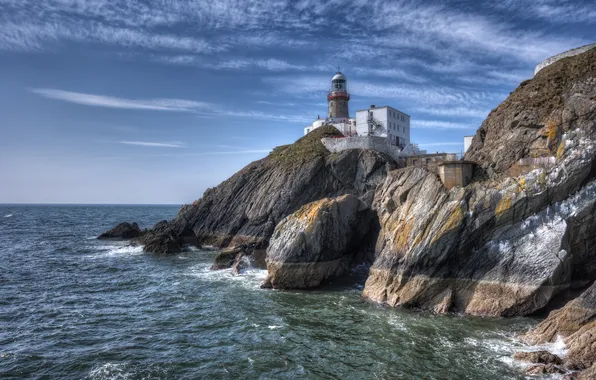 Море, скалы, побережье, маяк, Ирландия, Ireland, Howth, Baily Lighthouse