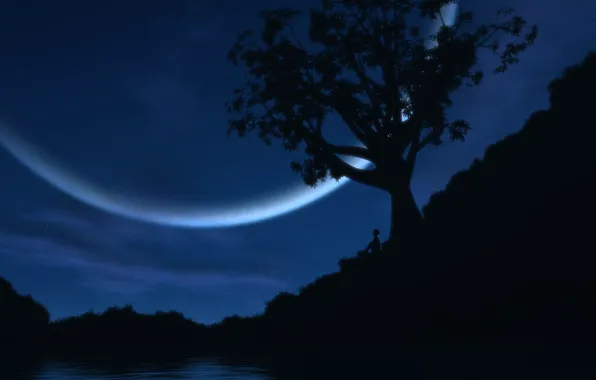 Озеро, луна, человек, Дерево