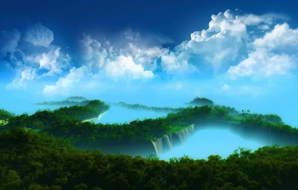 Картинка Зелень, Небо, Вода, Природа, Облака, Лес, Джунгли, Экзотика