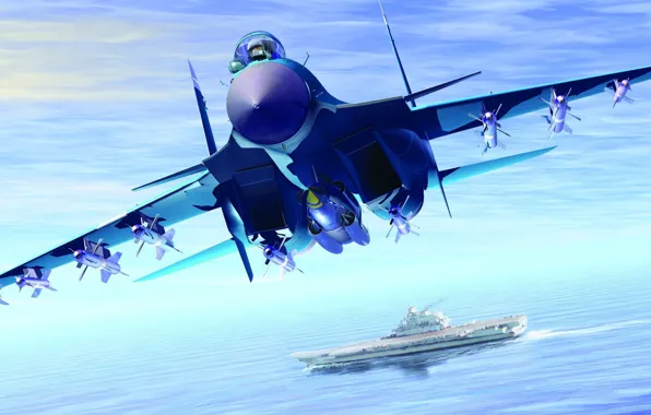 Картинка море, графика, ракеты, арт, авианосец, палубный истребитель, Су-33, кузнецов