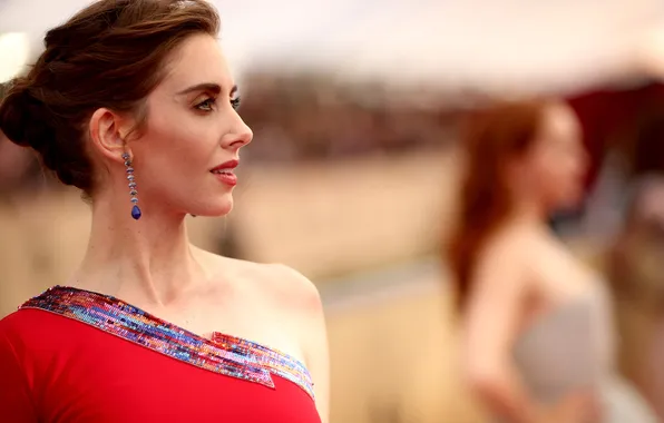 Солнце, портрет, платье, актриса, шатенка, боке, Alison Brie, Элисон Бри
