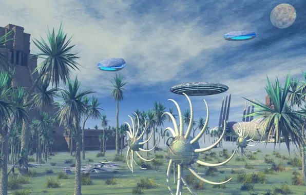 Sky, clouds, planet, spaceships, ancient connections