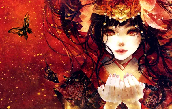 Картинка взгляд, девушка, бабочки, лицо, аниме, руки, арт, кимоно
