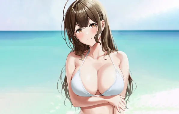 Girl, sexy, wet, cleavage, long hair, sea, brown hair, brown eyes