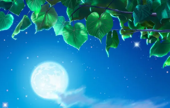 Картинка небо, листья, ночь, дерево, луна, листва, арт, Yutaka Kagaya