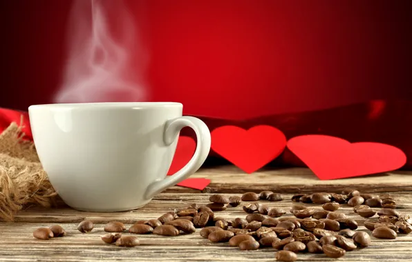 Фон, сердце, кофе, сердца, пар, чашка, сердечки, красные