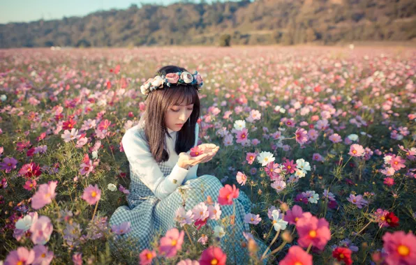 Картинка поле, девушка, цветы, настроение, луг, азиатка, венок, космея