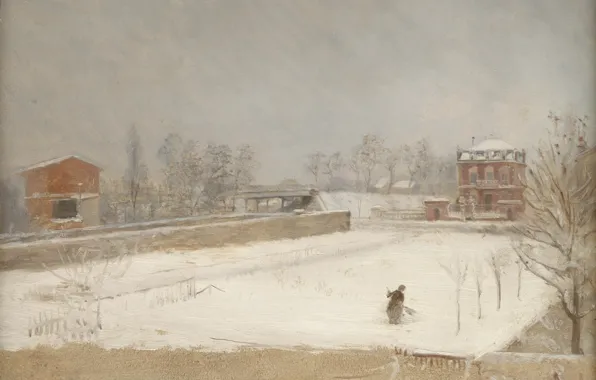Снег, дом, картина, Зимний пейзаж, Giuseppe De Nittis, Джузеппе Де Ниттис