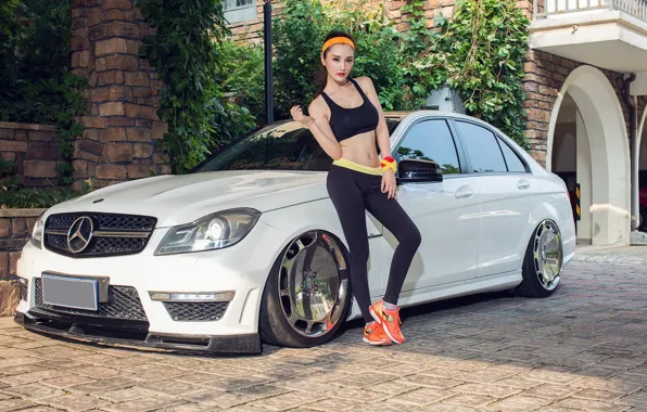 Взгляд, девушка, Mercedes, азиатка, Эротика, белый авто