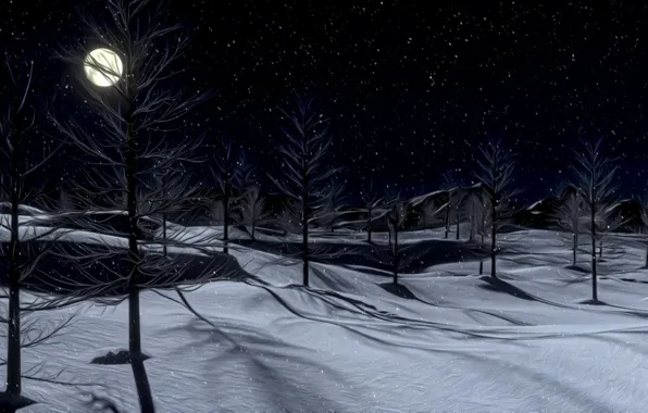 Картинка зима, снег, ночь, рендеринг, луна, тишина, мороз, тени