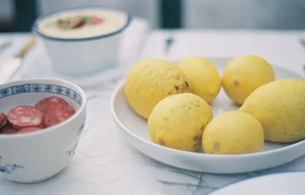 Food, cream, lemons, feed, bowl, sausage, dish, pork sausage