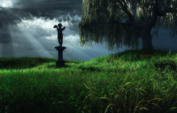 Картинка трава, дерево, ангел, статуя