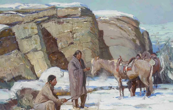 Картинка зима, снег, лошади, Oscar Edmund Berninghaus, WinterInTaos