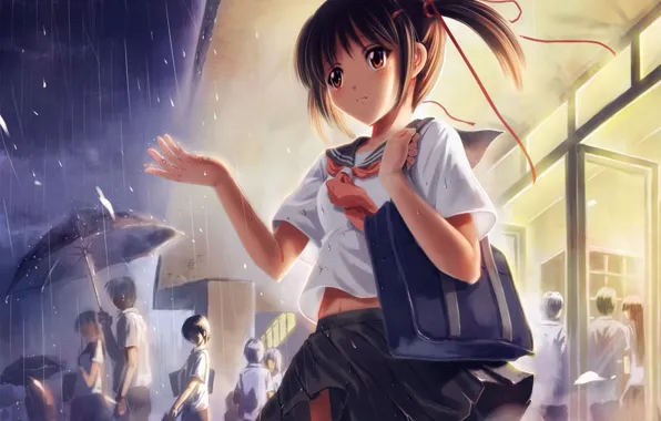 Картинка девушка, дождь, зонт, аниме, арт, форма, школа, школьники