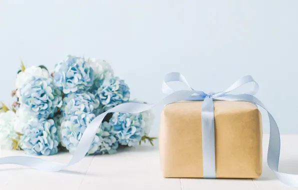Цветы, подарок, букет, лента, box, blue, flowers, gift
