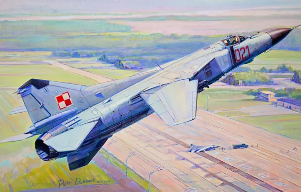 Картинка рисунок, истребитель, полёт, взлетная полоса, аэродром, МиГ-23, ОКБ МиГ, ВВС Польши