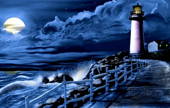 Картинка море, волны, облака, ночь, луна, маяк, дорожка, прибой