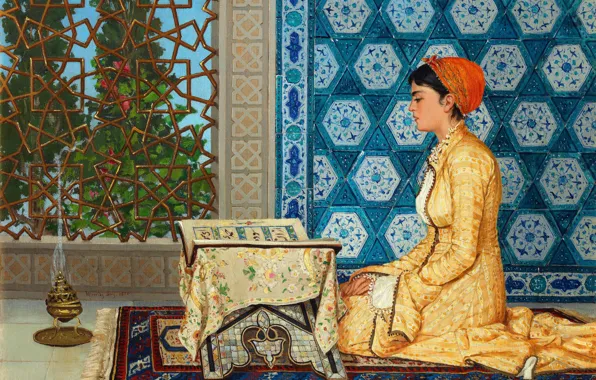 Картинка Девушка, Книга, Картина, Osman Hamdi Bey, Чтение молодой женщины, Осман Хамди-бей, Турецкий живописец