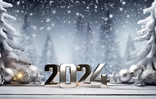 Картинка зима, снег, шары, елки, Новый Год, Рождество, цифры, silver