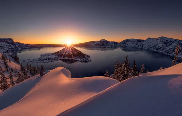 Зима, снег, закат, озеро, Орегон, сугробы, Oregon, Crater Lake