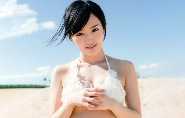 Girl, sexy, cleavage, beach, boobs, smile, beautiful, short hair