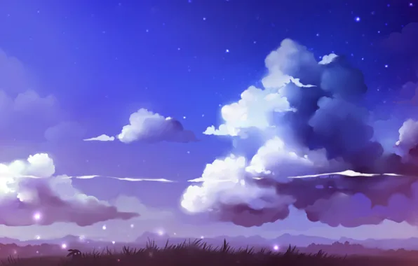 Картинка небо, трава, звезды, облака, пейзаж, рисунок, арт, художник