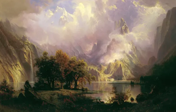 Горы, растительность, водоём, Albert Bierstadt, Rocky Mountain