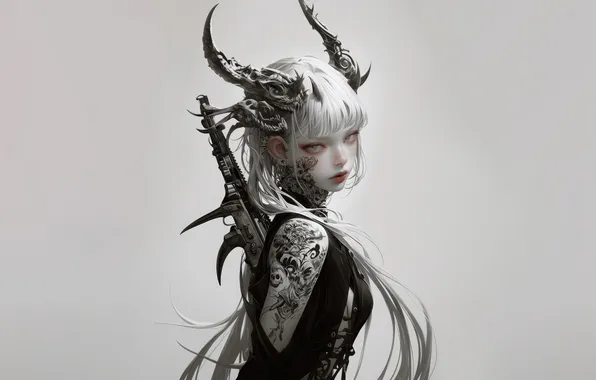 Картинка Girl, Anime, Weapon, Tattoo, Horn, Anime Girl, White Backgound