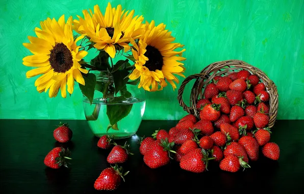Подсолнухи, цветы, ягоды, клубника, натюрморт, корзинка