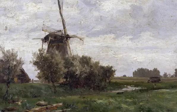 Картинка пейзаж, природа, картина, Карлос де Хаэс, Ветряная Мельница