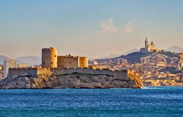 Море, Франция, панорама, Марсель, Замок Иф