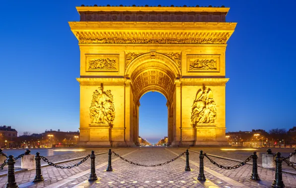 Ночь, огни, Франция, Париж, Триумфальная арка, площадь Шарля де Голя