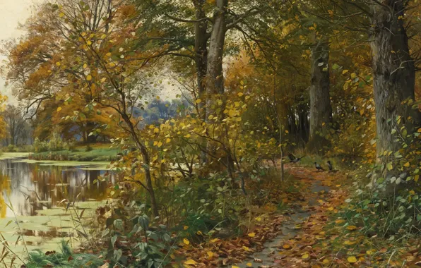 Картинка осень, листья, пейзаж, природа, река, картина, тропинка, Петер Мёрк Мёнстед