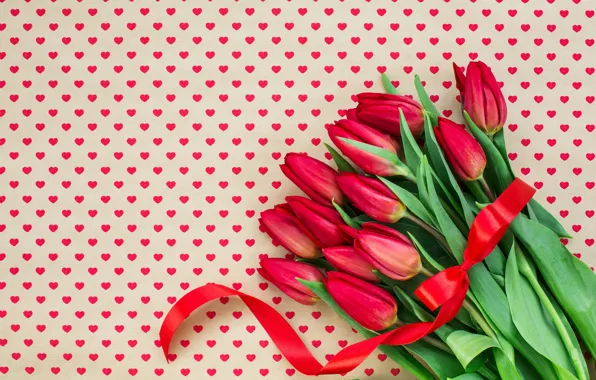 Любовь, цветы, букет, сердечки, тюльпаны, красные, red, love