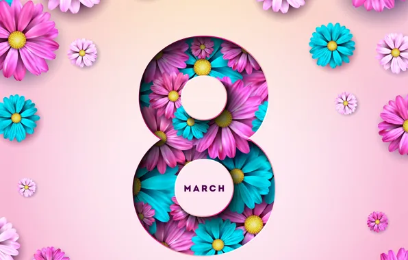 Цветы, happy, 8 марта, pink, flowers, открытка, spring, celebration