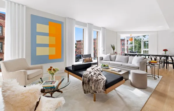 Интерьер, мегаполис, NYC, гостиная, столовая, 2nd Street Apartment