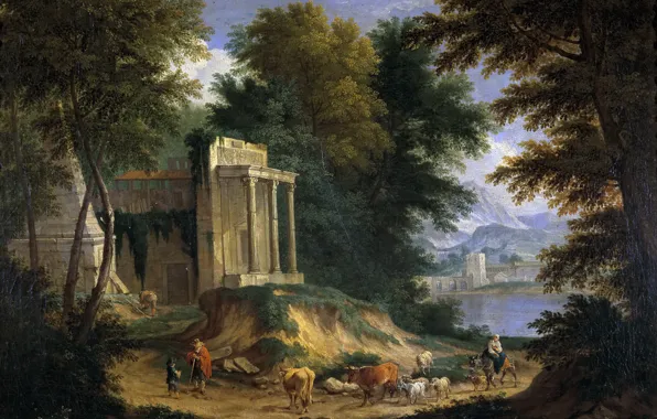 Картинка море, деревья, горы, картина, развалины, Адриан Франс Будевинс, Пейзаж с Руинами