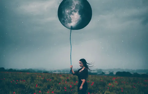 Картинка девушка, луна, шар, маки, звёзды, Amy Spanos