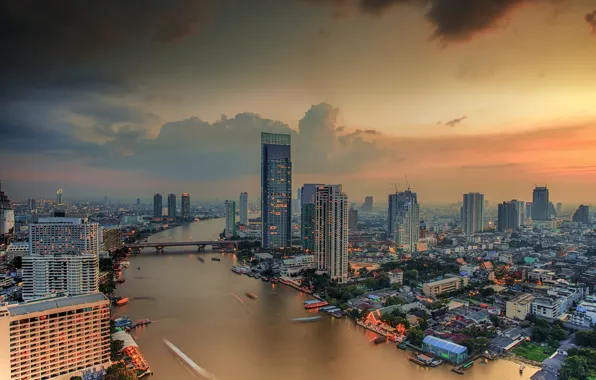 Небо, city, город, дома, Река, Таиланд, Пейзаж, Бангкок