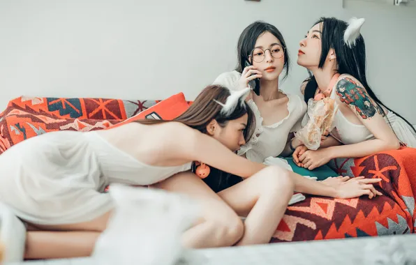 Beautiful, Asian, Model, Women, Sofa, Cute, Glasses, Pretty