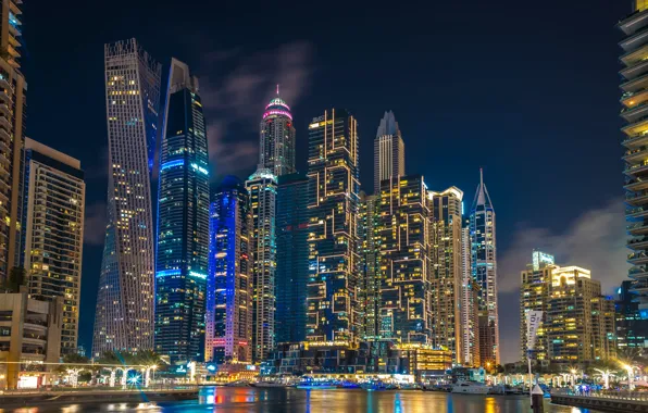 Здания, дома, Дубай, ночной город, Dubai, небоскрёбы, гавань, ОАЭ
