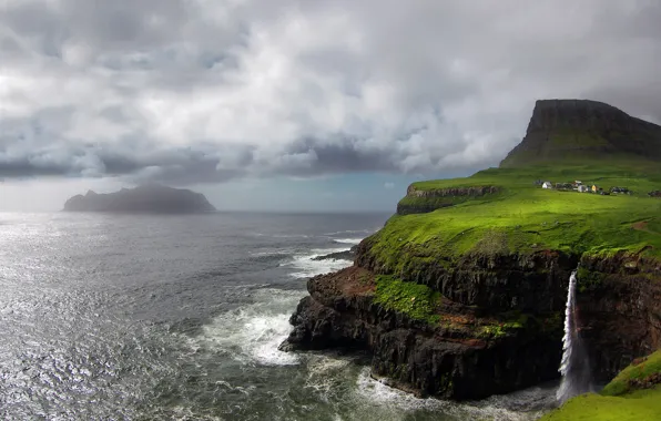 Скалы, остров, гора, водопад, Атлантический океан, Фарерские острова