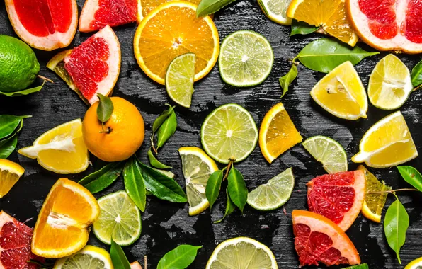 Картинка фон, апельсин, лайм, фрукты, цитрусы, лимоны, дольки, мандарин