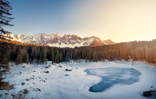 Картинка зима, снег, горы, ели, Италия, Доломитовые Альпы, Южный Тироль, озеро Карецца
