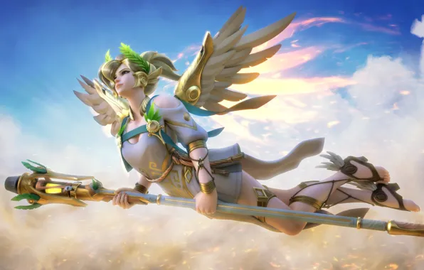 Girl, game, sky, weapon, cloud, wings, power, pretty