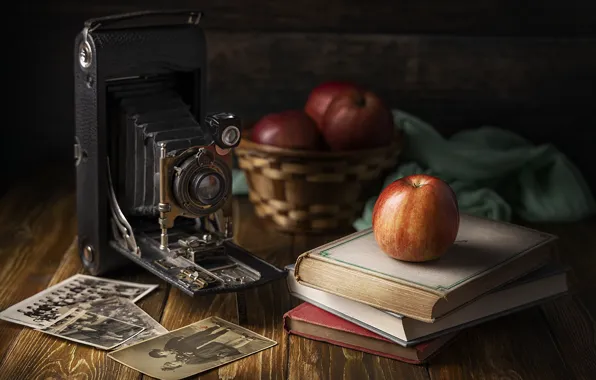 Ретро, темный фон, стол, яблоки, книги, яблоко, старые, фотоаппарат