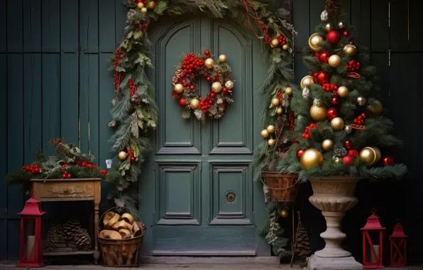 Картинка дверь, Рождество, Новый год, ёлка, гирлянда, декорация, рождественский венок