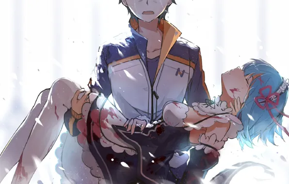 Кровь, аниме, арт, Re: Zero kara Hajimeru Isekai Seikatsu, С нуля, Рем, Нацуки Субару, джрама