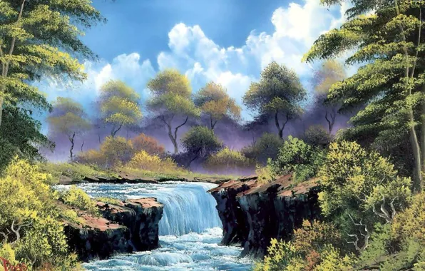 Картинка лес, небо, облака, пейзаж, ветки, водопад, картина, живопись