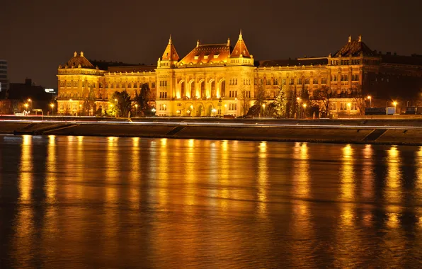 Картинка небо, ночь, огни, река, дворец, Венгрия, Будапешт